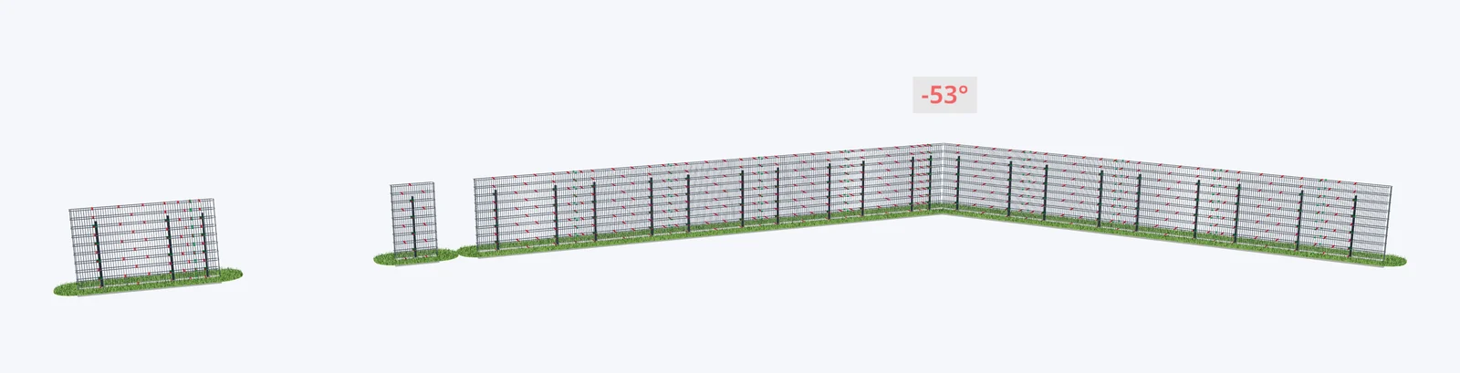 3D výkres: gabionový plot se zlomem 53° a otvory na bránu a branku