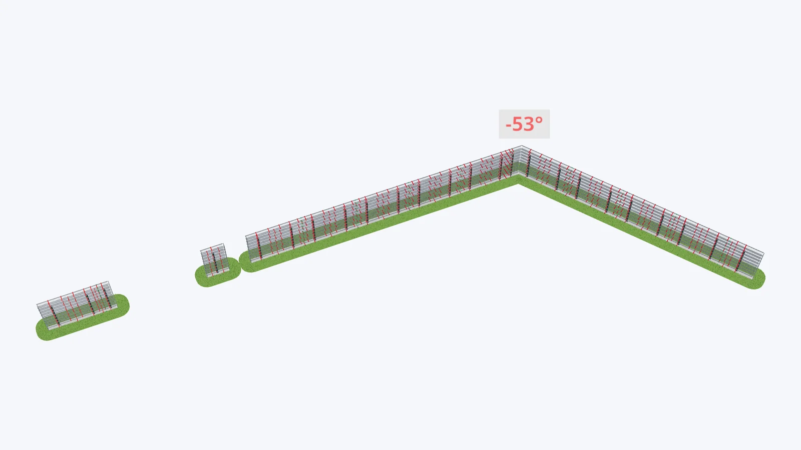 3D výkres: gabionový plot se zlomem 53°, otvorem na bránu a branku