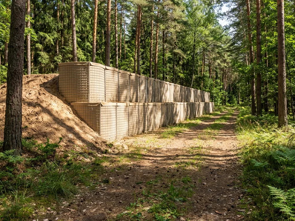 Vizualizace: dvouvrstvá bariéra z gabionových košů DEFENCE vyplněných pískem u lesní cesty