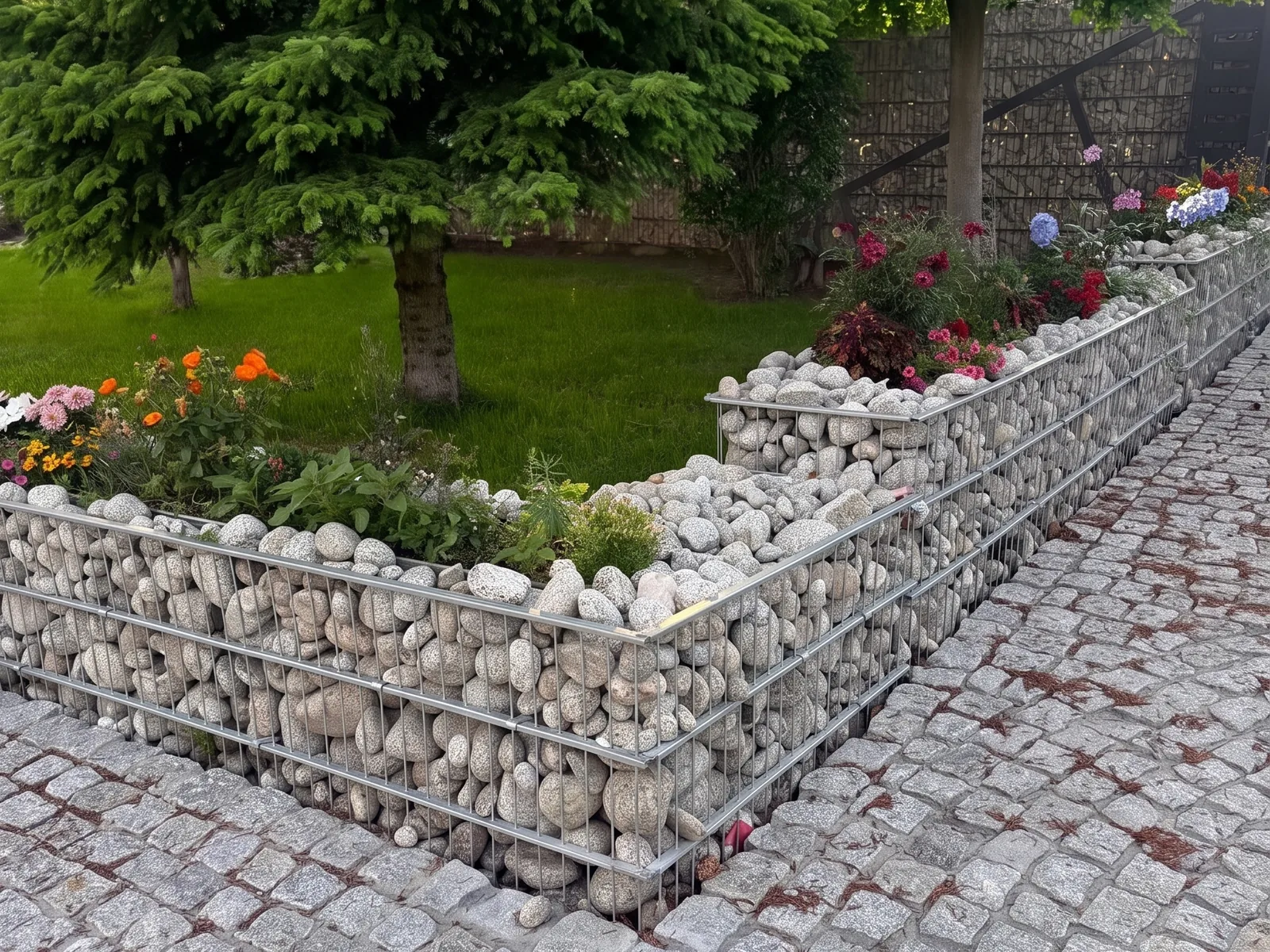 Rohová gabionová zídka s oblázky oddělující záhon od žulové dlažby