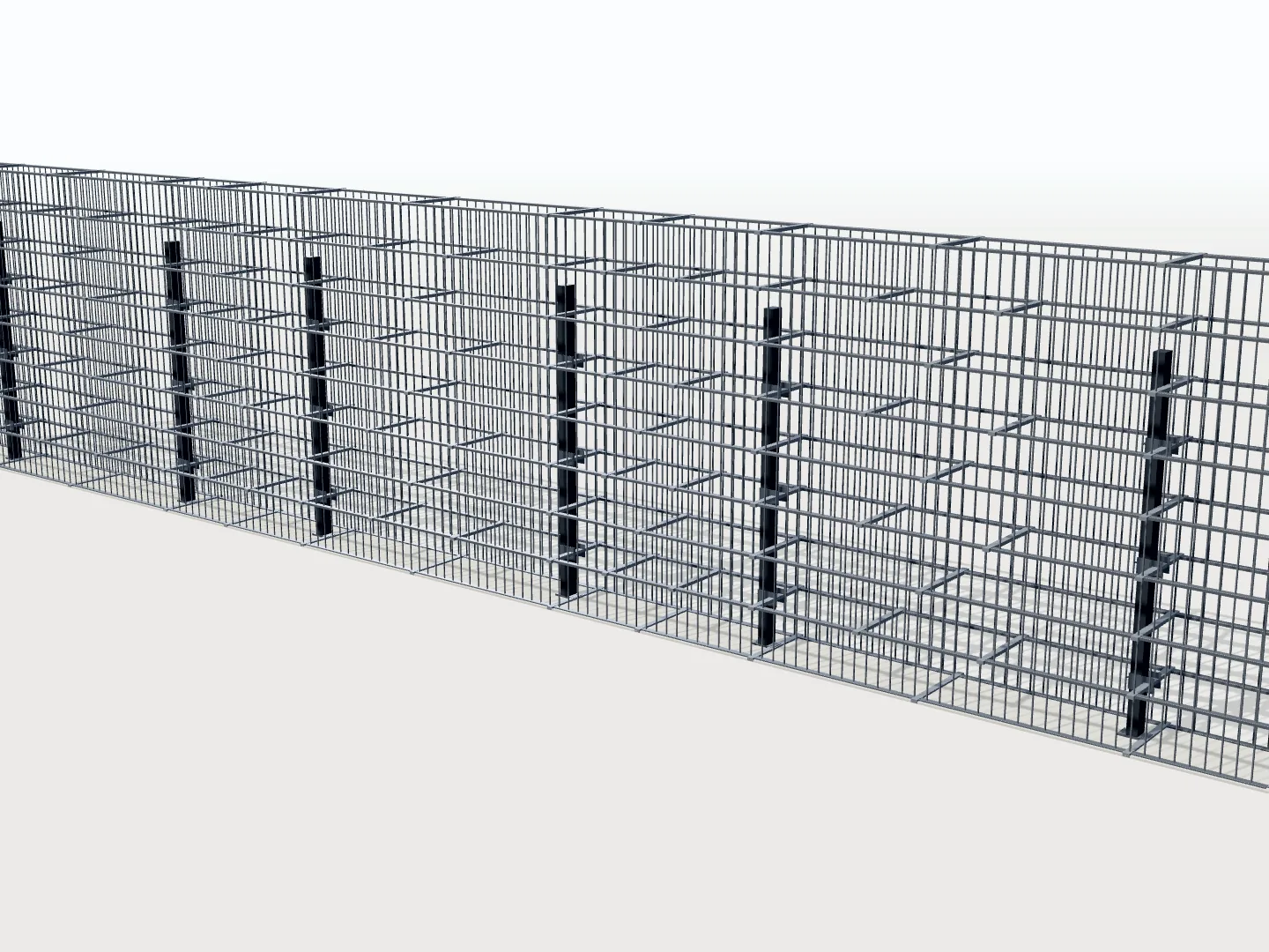 3D vizualizace gabionového plotu HD-Gabion před vyplněním kamenem – panely a sloupky