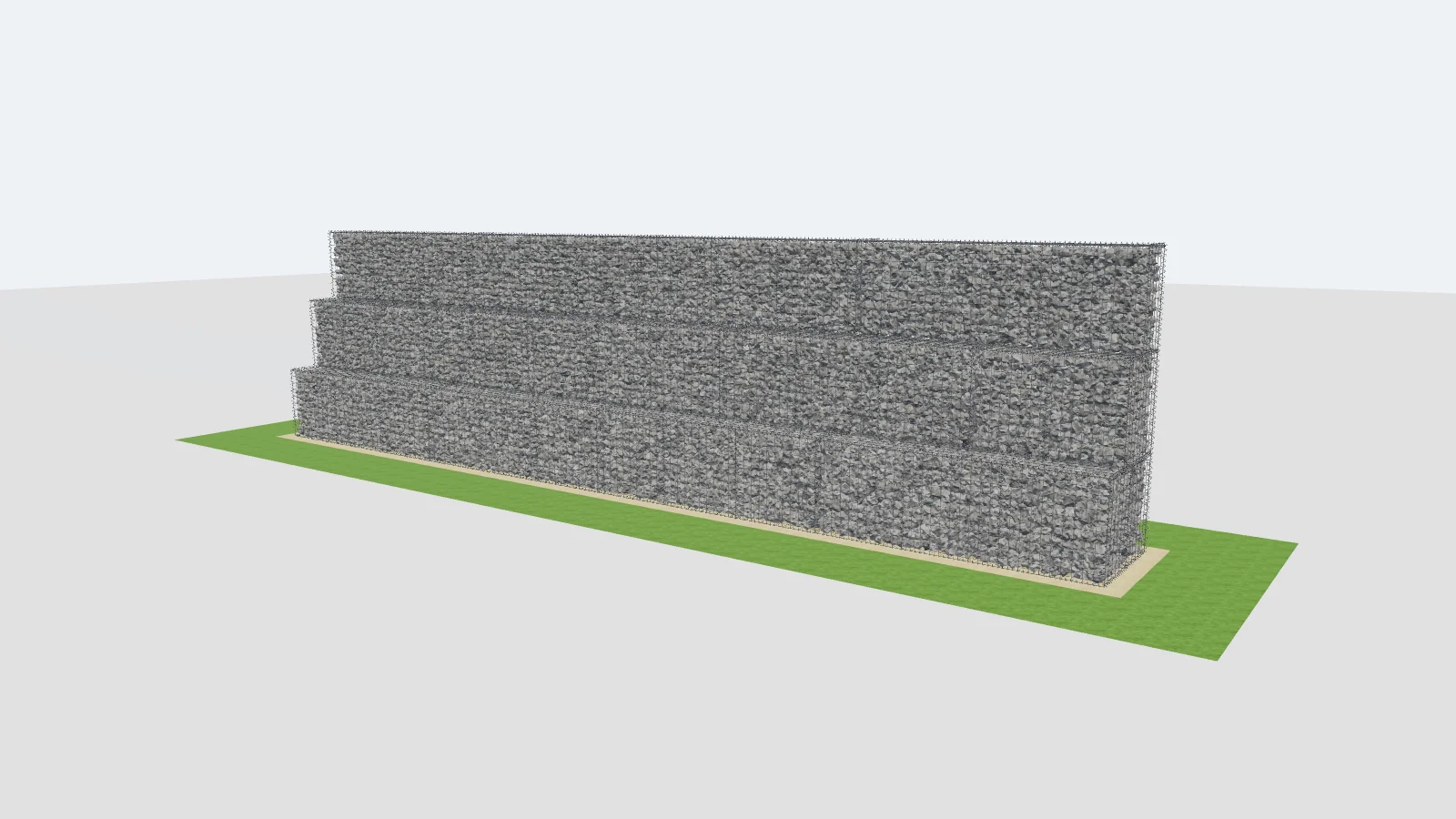 3D výkres z našeho programu: stupňovitá opěrná zeď ze tří vrstev gabionových košů